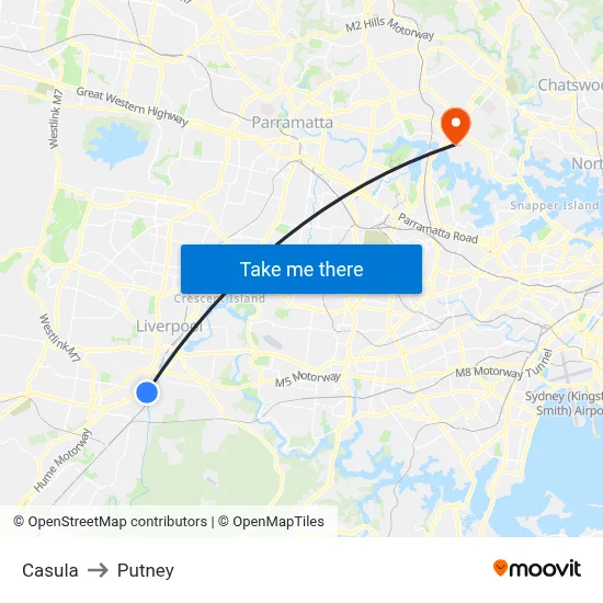 Casula to Putney map
