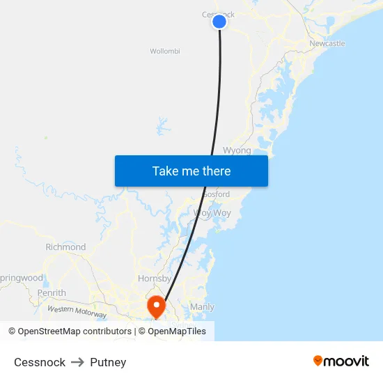 Cessnock to Putney map