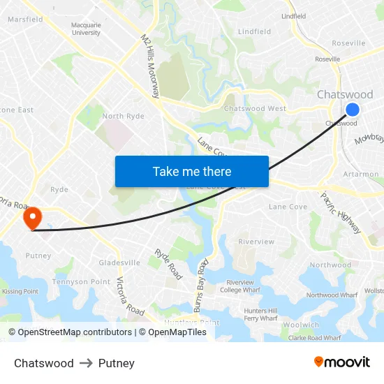 Chatswood to Putney map