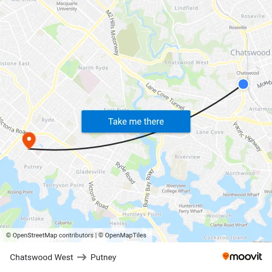 Chatswood West to Putney map