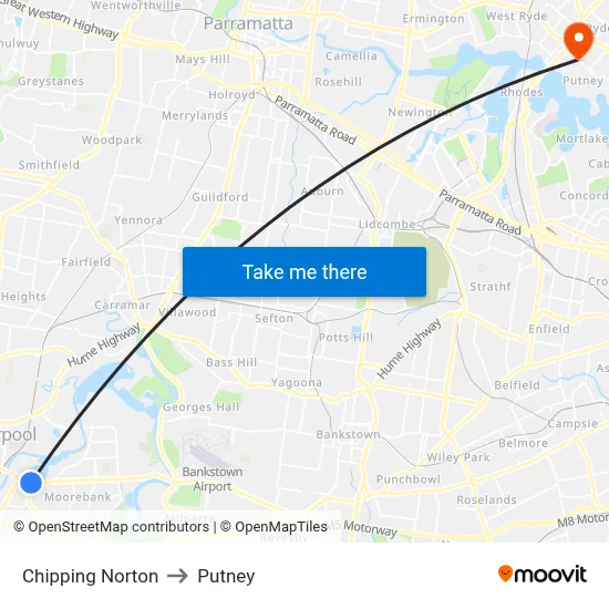 Chipping Norton to Putney map
