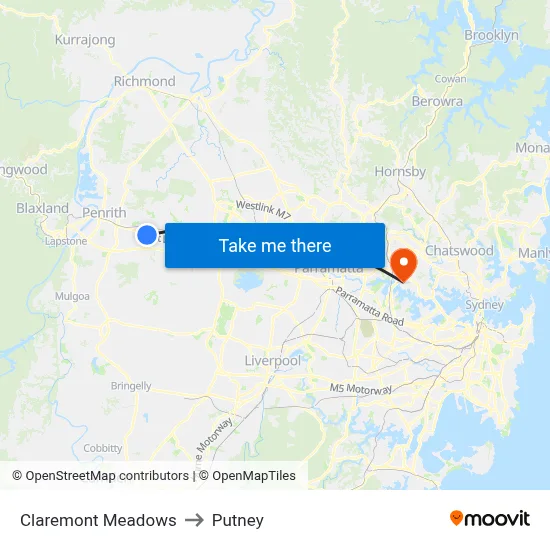 Claremont Meadows to Putney map