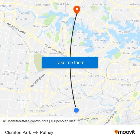 Clemton Park to Putney map