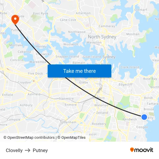 Clovelly to Putney map