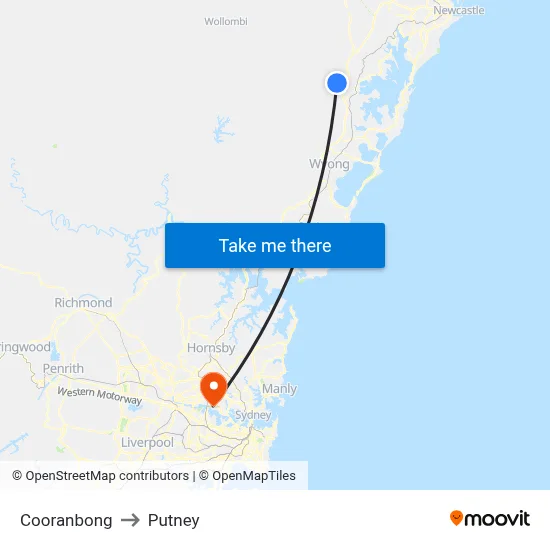 Cooranbong to Putney map