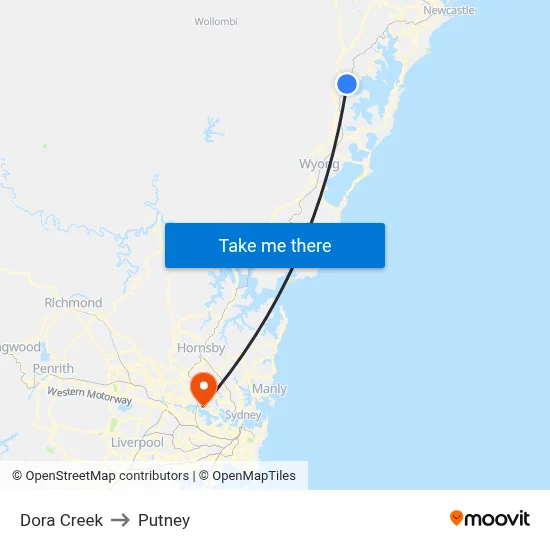 Dora Creek to Putney map