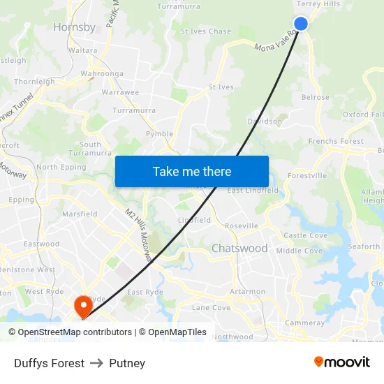 Duffys Forest to Putney map