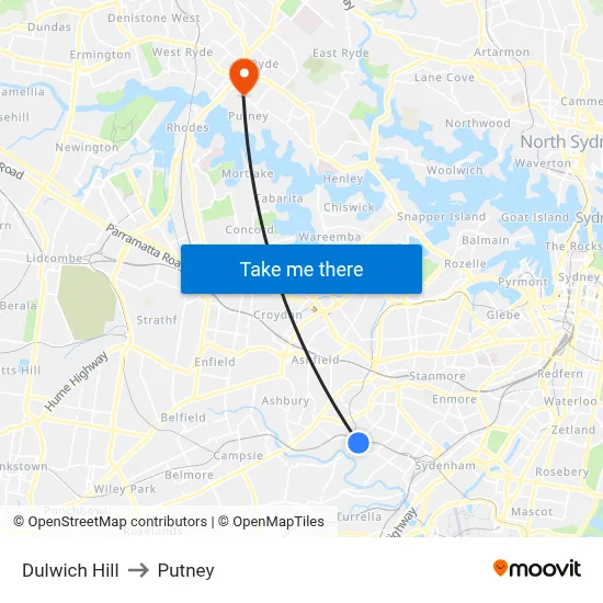 Dulwich Hill to Putney map