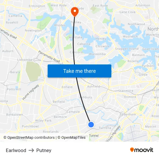Earlwood to Putney map