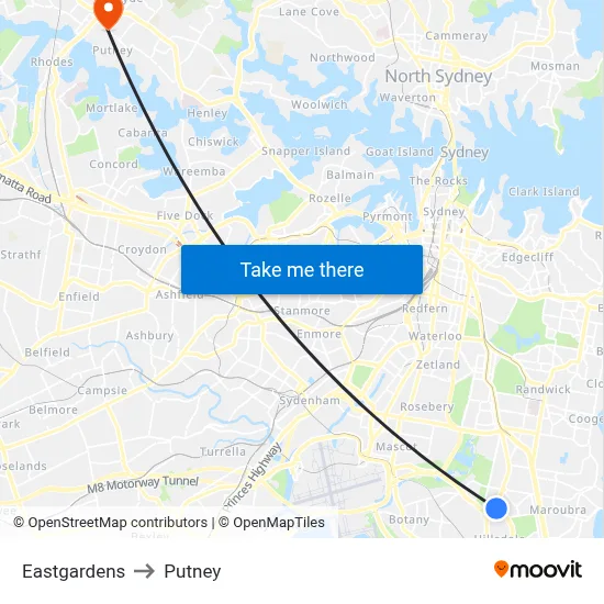 Eastgardens to Putney map