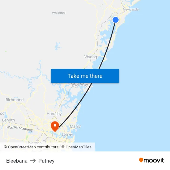 Eleebana to Putney map