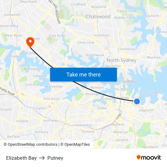 Elizabeth Bay to Putney map