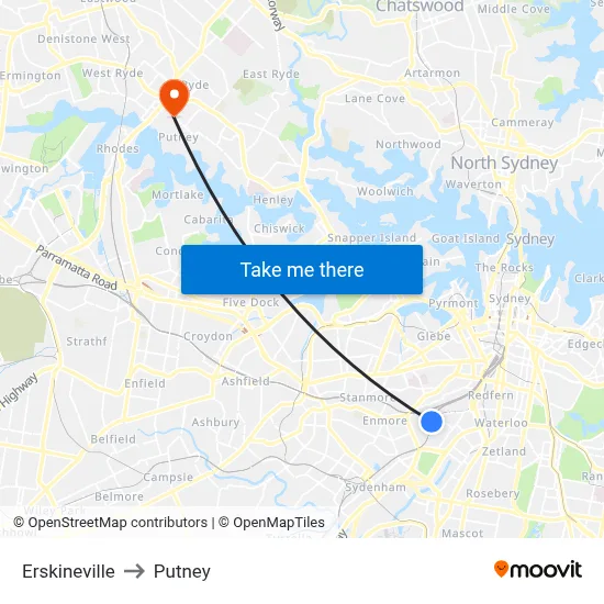 Erskineville to Putney map