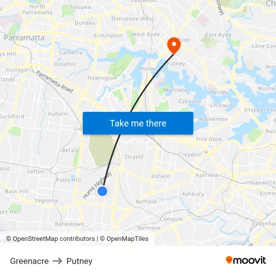 Greenacre to Putney map