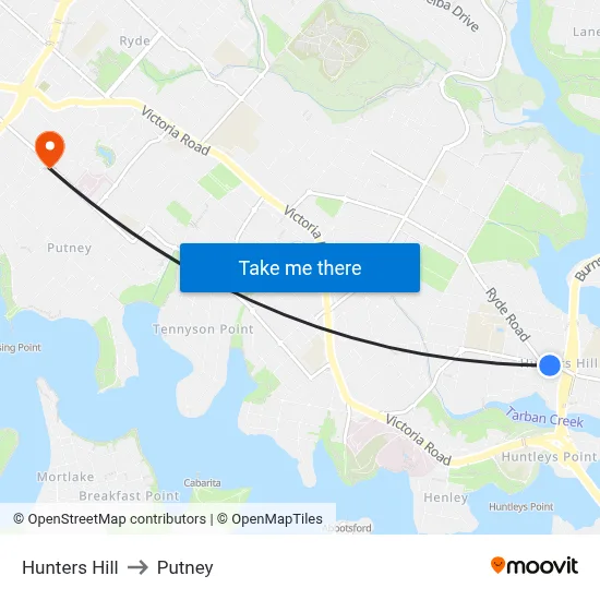 Hunters Hill to Putney map