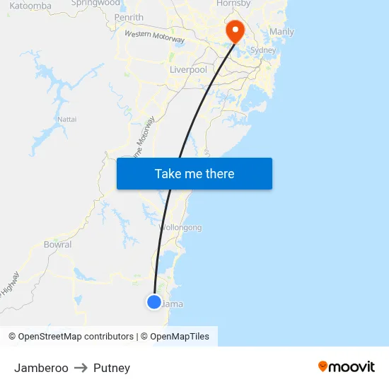 Jamberoo to Putney map
