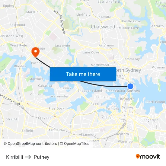 Kirribilli to Putney map