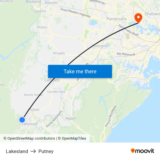 Lakesland to Putney map