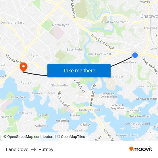 Lane Cove to Putney map