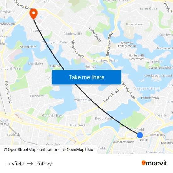 Lilyfield to Putney map