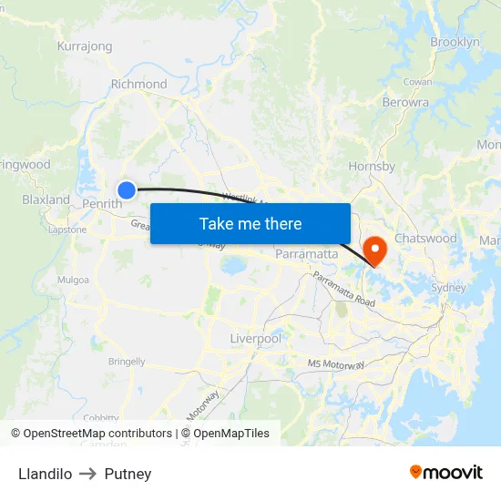Llandilo to Putney map