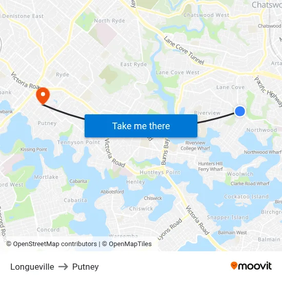 Longueville to Putney map
