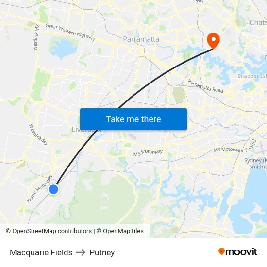 Macquarie Fields to Putney map