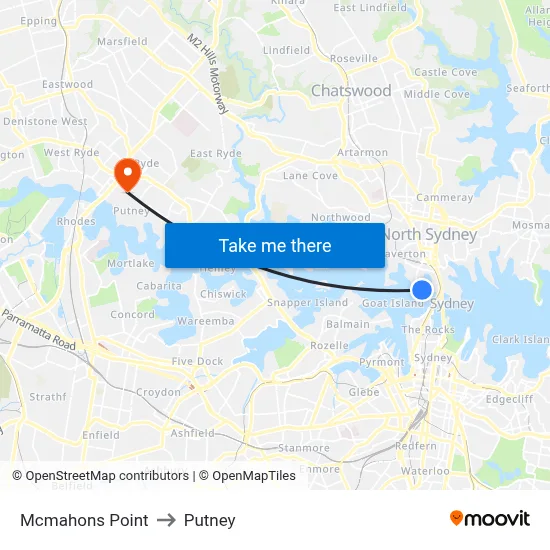 Mcmahons Point to Putney map