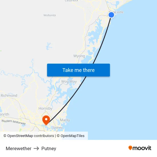 Merewether to Putney map