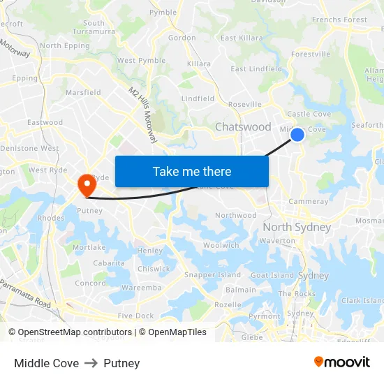 Middle Cove to Putney map