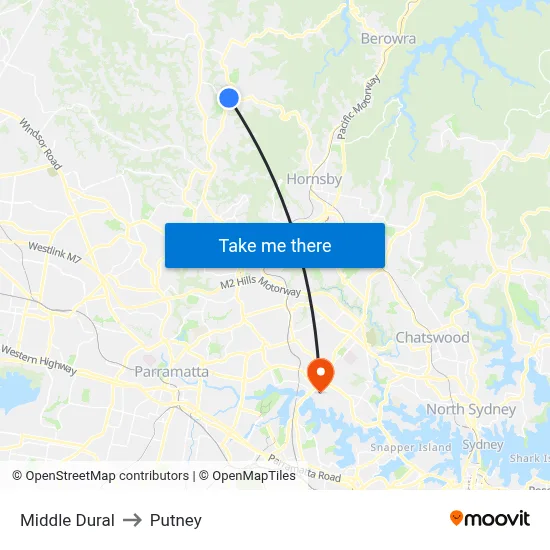 Middle Dural to Putney map
