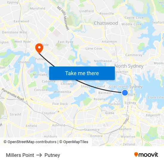 Millers Point to Putney map