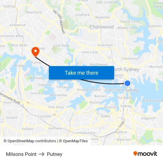 Milsons Point to Putney map
