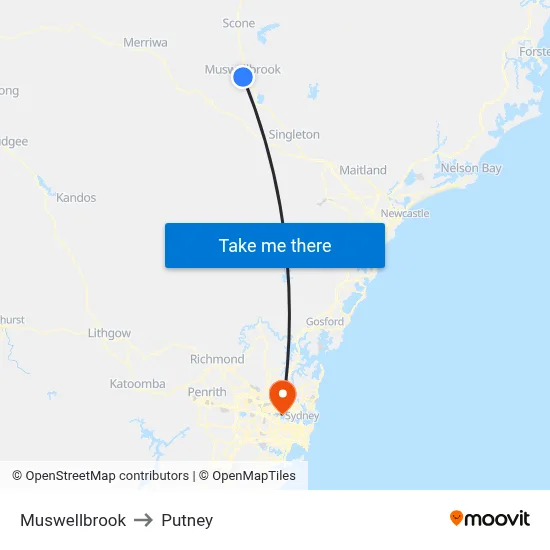 Muswellbrook to Putney map