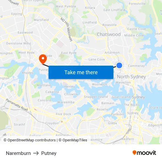 Naremburn to Putney map