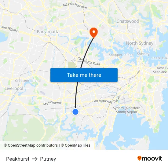 Peakhurst to Putney map