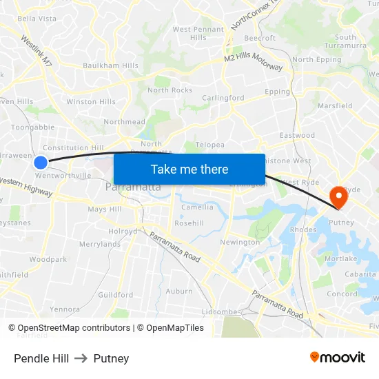 Pendle Hill to Putney map