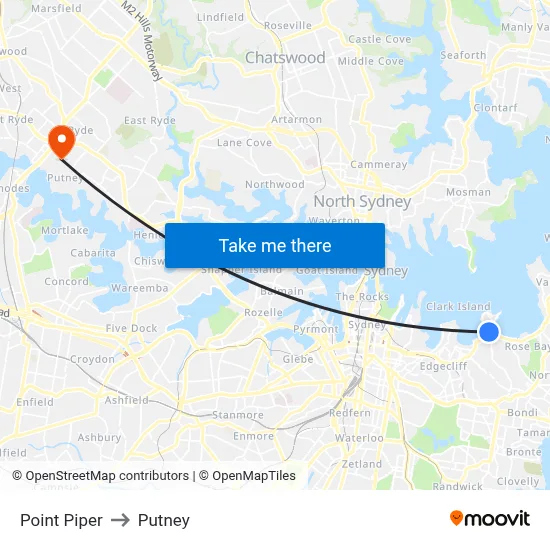 Point Piper to Putney map