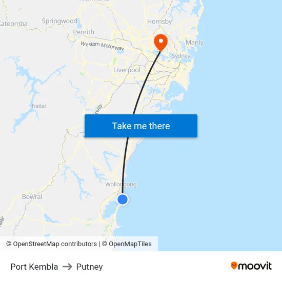 Port Kembla to Putney map