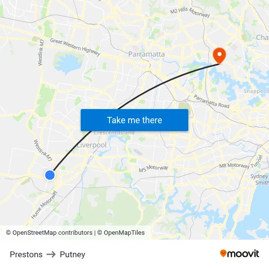 Prestons to Putney map