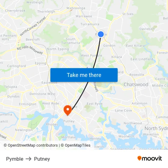 Pymble to Putney map