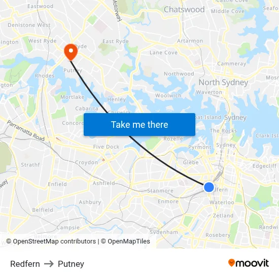 Redfern to Putney map