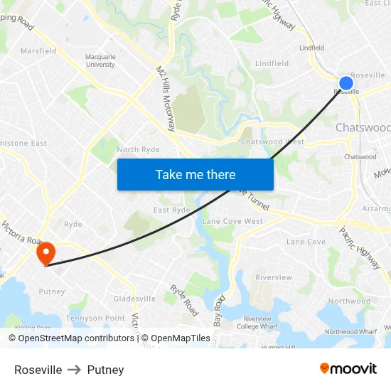 Roseville to Putney map