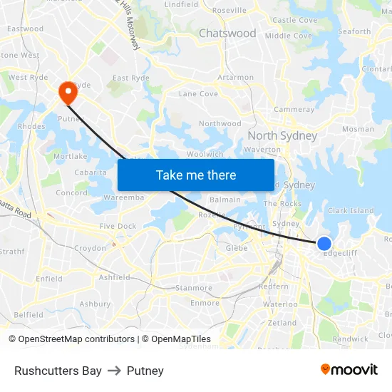 Rushcutters Bay to Putney map