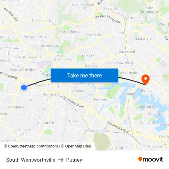 South Wentworthville to Putney map