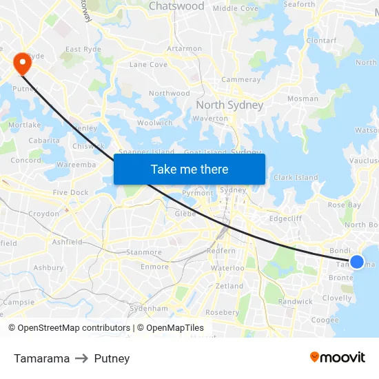 Tamarama to Putney map