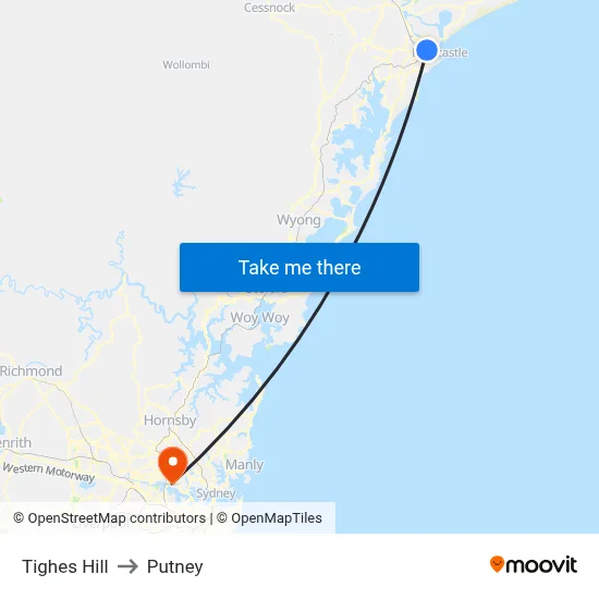 Tighes Hill to Putney map
