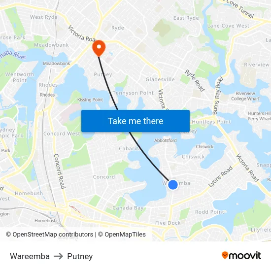 Wareemba to Putney map