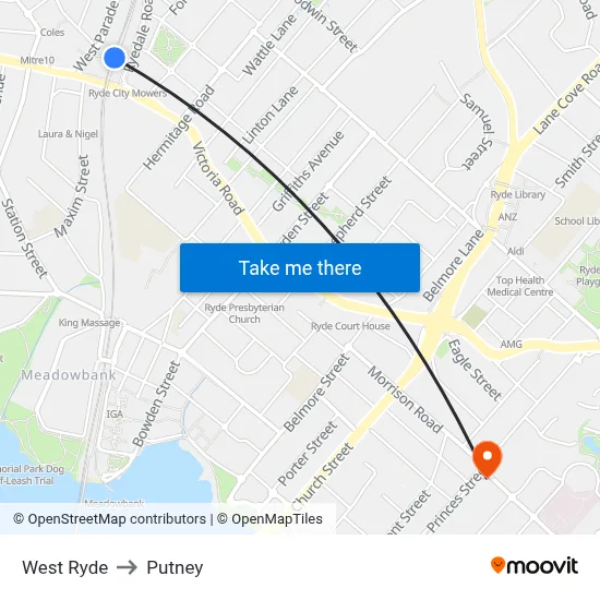 West Ryde to Putney map