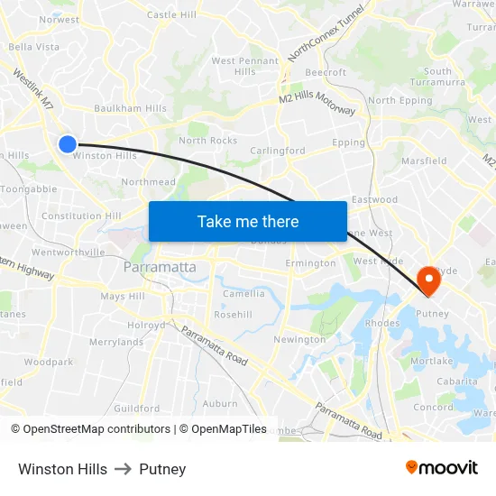 Winston Hills to Putney map
